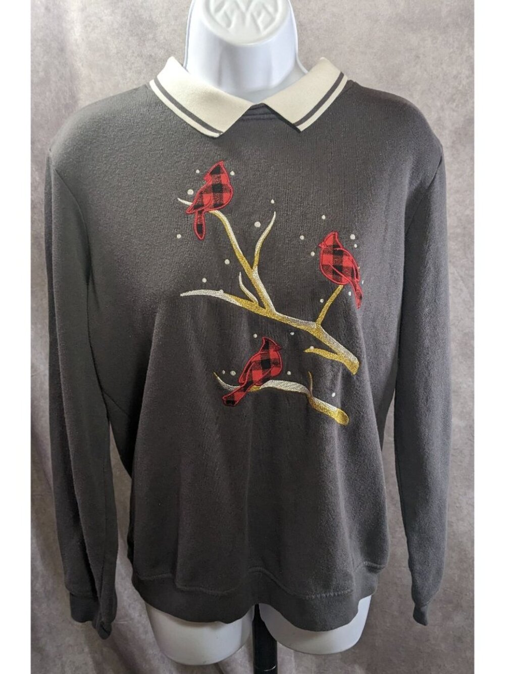 Adrian Delafield Vintage Embroidered Cardinal Sweatshirt With Collared Neck Gray